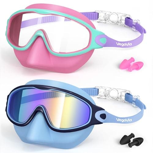VegoVia 2 Pack Kids Swim Goggles with Nose Cover, Anti-Fog UV Protection Swimming Goggles for Girl and Boy Youth 3-15,Wide View