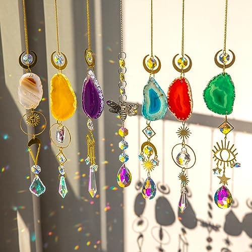 7 PCS Crystal Suncatcher, Hanging Suncatchers with Crystals Light, Sun Catchers Indoor Window Catcher with Prism Pendants Agate Slices,Tree of Life Crystal Suncatchers Indoor Outdoor Home Garden Decor