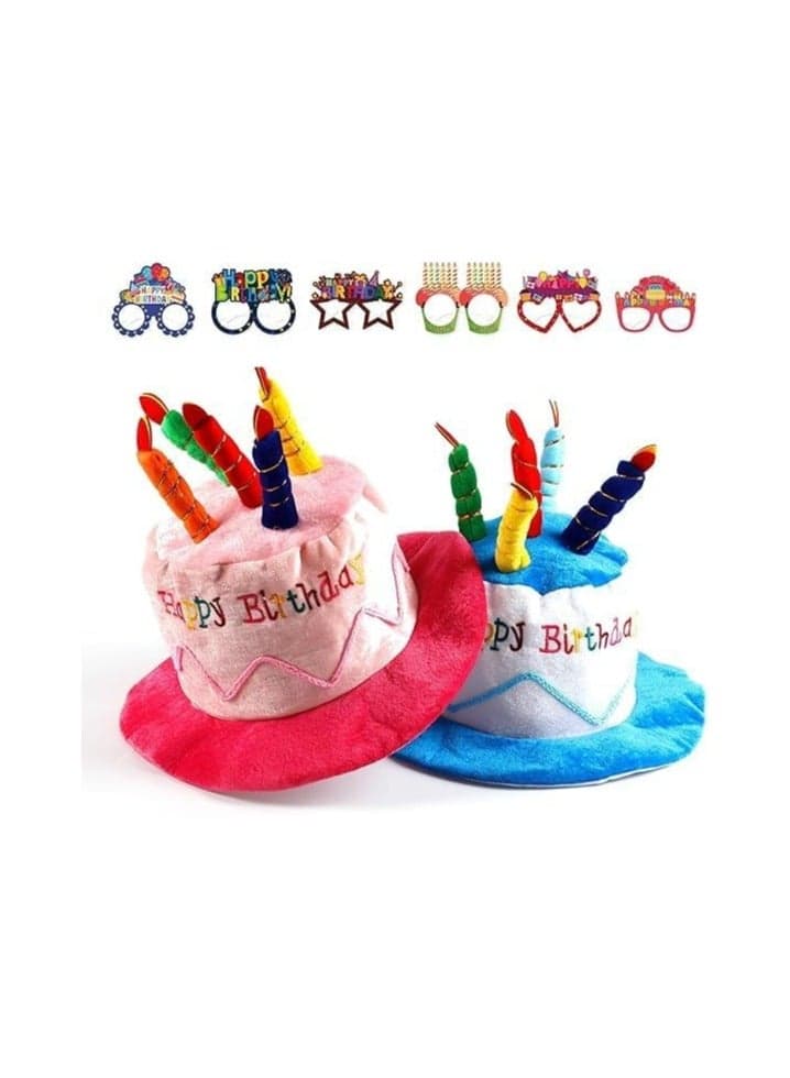 Plush Birthday Cake Hat Set, 2 pieces, with 6 glasses, fake cake party props, suitable for children and adults, men and women, funny birthday celebration party decoration accessories.