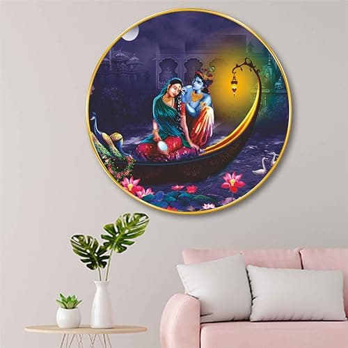 SAF Radha Krishna Boat Wall Painting – Golden Frame Round Artwork | Divine Romantic Scene with Peacock and Lotus | Traditional Hindu Wall Décor for Home Temple Living Room Gift (16 X 16 Inch) GRM-267