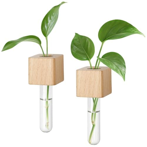 Magnetic Test Tube Flower Vases for Refrigerator, Set of 2 Wooden Fridge Magnet Planters with Glass Tubes Light & Dark Wood Color, Propagation Station for Hydroponic Display (No Plant Included)