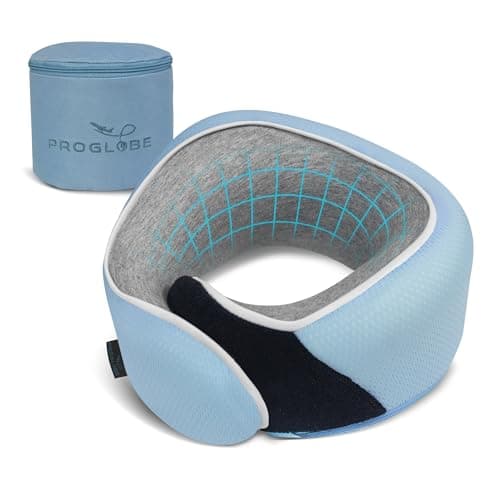 Proglobe Junior Kids Travel Neck Pillow - Ergonomic Memory Foam Pillow for Airplane, Car, Booster Seat - Soft, Washable, Compact Travel Pillow with Strap - Light Blue - Ages 4 Years and Up