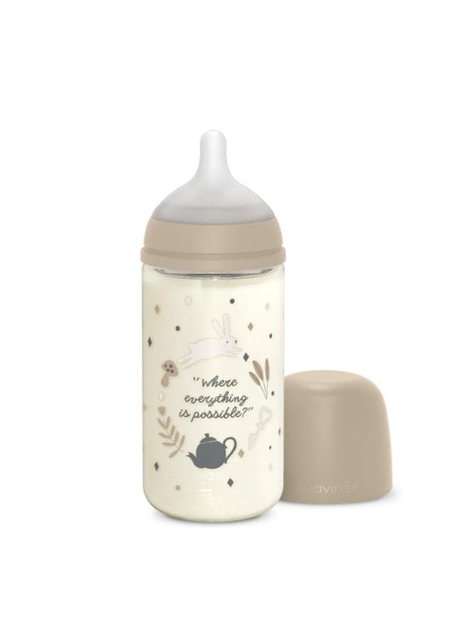 Glass Baby Feeding Bottle with Medium Flow Physiological Nipple Teat, Mimics Natural Breastfeeding Experience, +3 Months 240ml - Beige