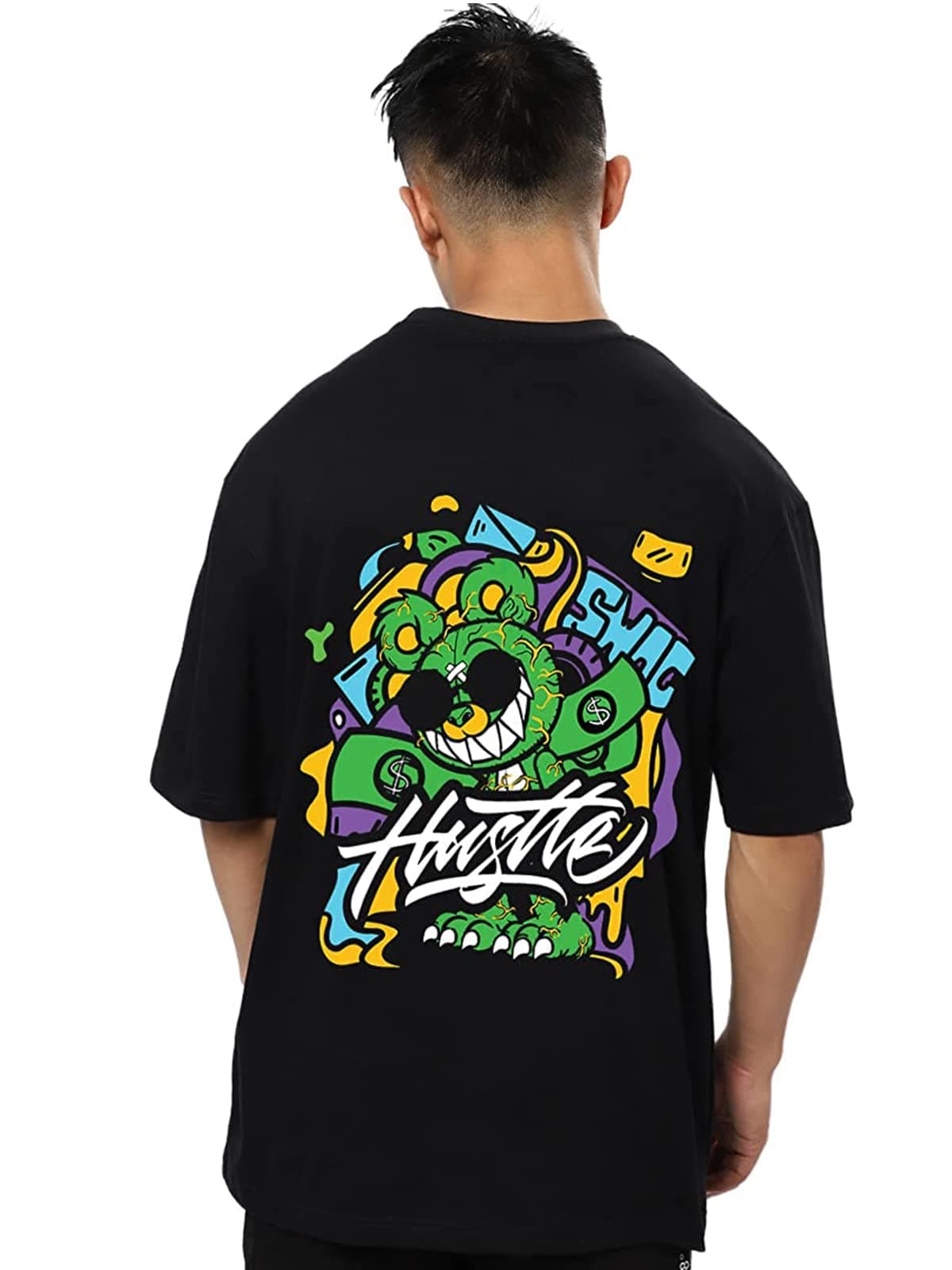 Veirdo® Pure Cotton Oversize Loose Fit Drop Shoulder Round Neck Half Sleeve Graphic Black Printed T-Shirt for Men (OS_100_Hustle_BL)