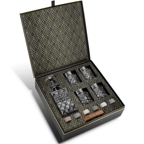 Whiskey Decanter Gift Set with 4 Cocktail Glasses & Handcrafted Granite Whiskey Chilling Stones - Whisky Carafe Glass for Liquor, Scotch, Bourbon Tasting - Magnificent Gold Foil Gift Box by Rocks