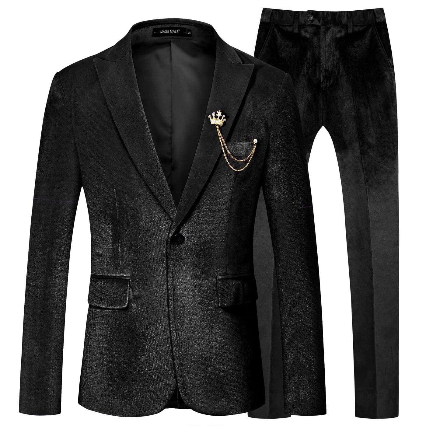 MAGE MALE Mens 2 Piece Velvet Suit One Button Tuxedo Slim Fit Luxurious Blazer Party Dinner Jacket Pants Black