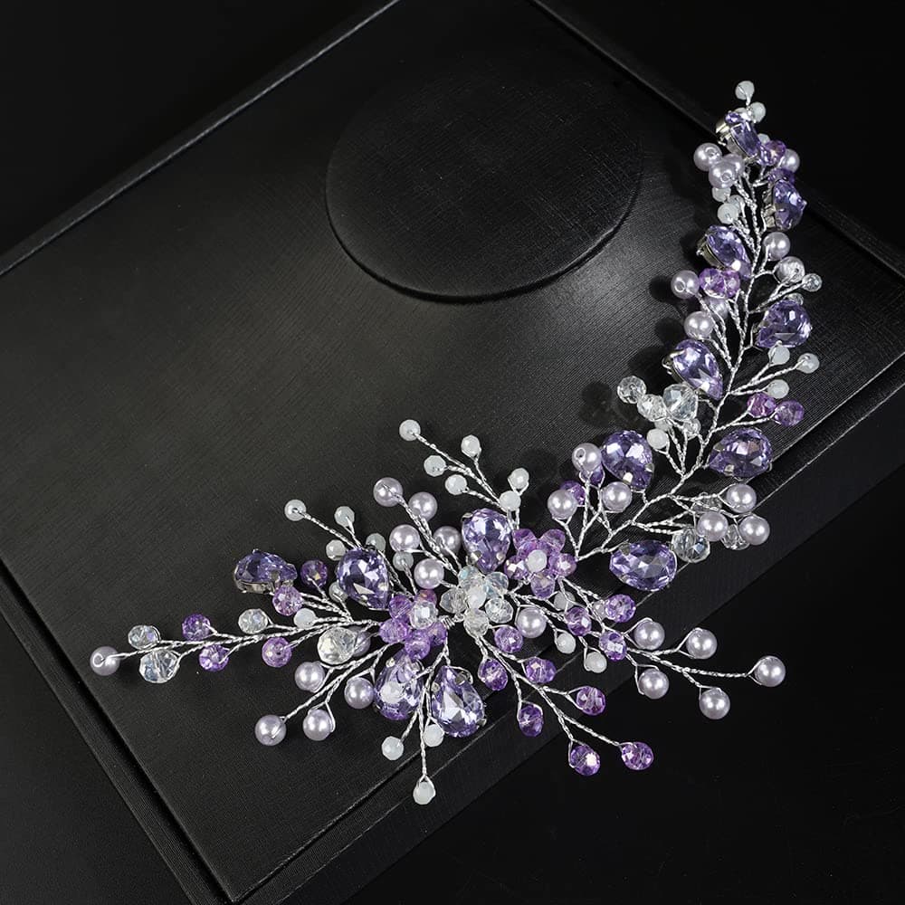 JWICOS Bride Wedding Hair Vine Pearl Bridal Hair Piece Crystal Wedding Hair Accessories Long Headband for Women and Girls light purple