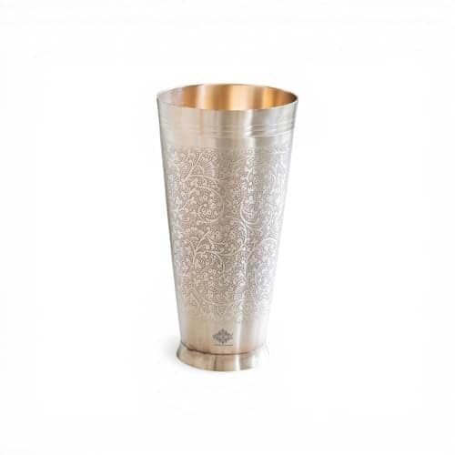 INDIAN ART VILLA Brass Lassi Glass with Embossed Design, Drinkware & Serveware for Lassi, Milk, and Water, Height-8" Inches, Volume-1050 ml