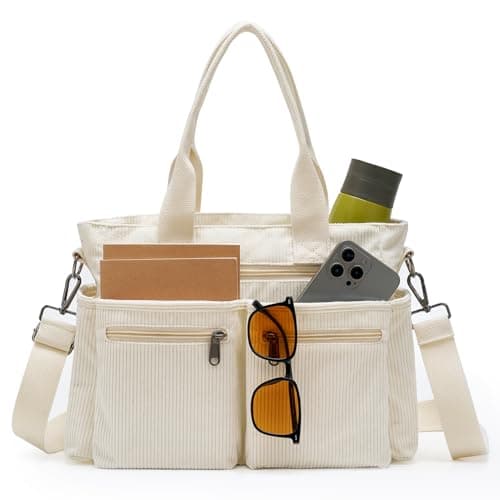 YDF Corduroy Tote Bag for Women Crossbody Purse with Zipper, Aesthetic Multi Pocket Work School Bag, Gifts for Mom Teacher (Beige)