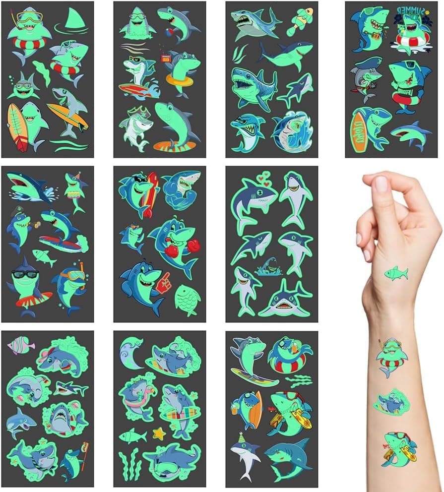 Luminous Shark Temporary Tattoos10 Sheet Glow in the Dark Shark Birthday Decorations Ocean Animal Under Sea Kids for Kids Girls Birthday Gifts Party Favor Supplies