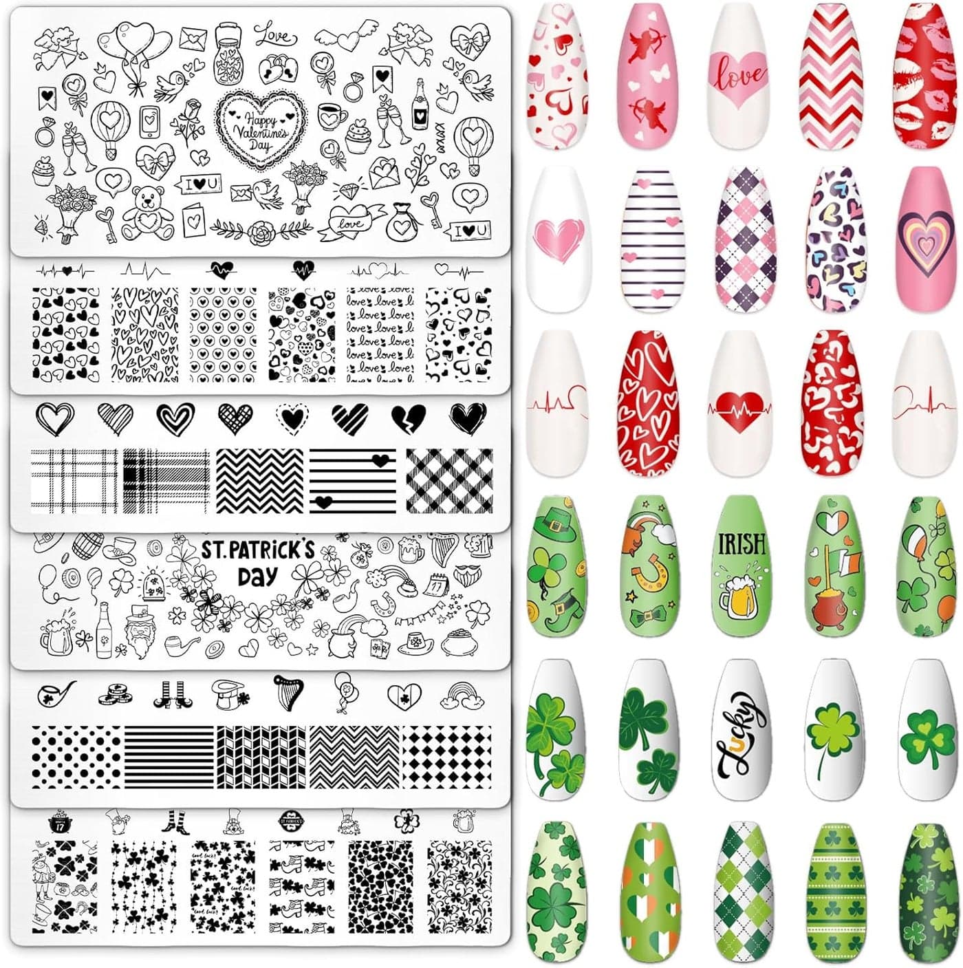 Whaline 6Pcs St. Patrick's Day Valentine Nail Art Stamping Plates Kit Love Heart Spring Shamrock Image Stamp Templates Nail Art Plates Set for DIY Print Manicure Salon Design