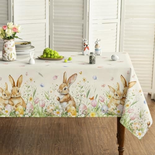 Horaldaily Easter Tablecloth 60×84 Inch Rectangular, Easter Eggs Bunny Rabbits Tulips Daisy Ground Washable Seasonal Table Cover for Party Picnic Dinner Decor