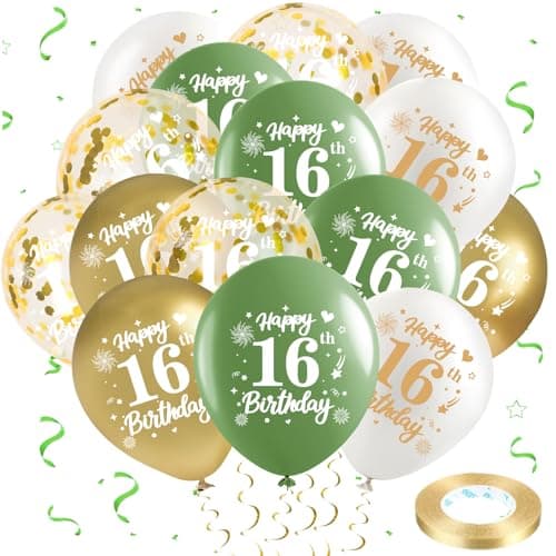 16th Birthday Balloons 24Pcs Sage Green Gold Sixteenth Birthday Latex Balloons Confetti Balloons Green Gold 16th Birthday Party Decorations for Girl Boy 16 Year Birthday Anniversary Supplies 12inch