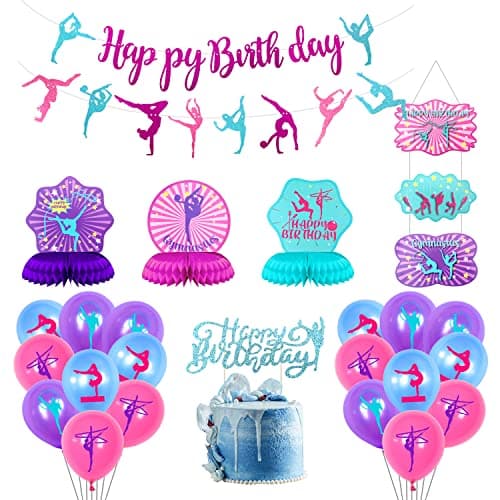 Gymnastics Party Decorations Birthday Supplies With Banner Honeycomb Centerpieces Latex Balloons for Girls Dance Theme Party A