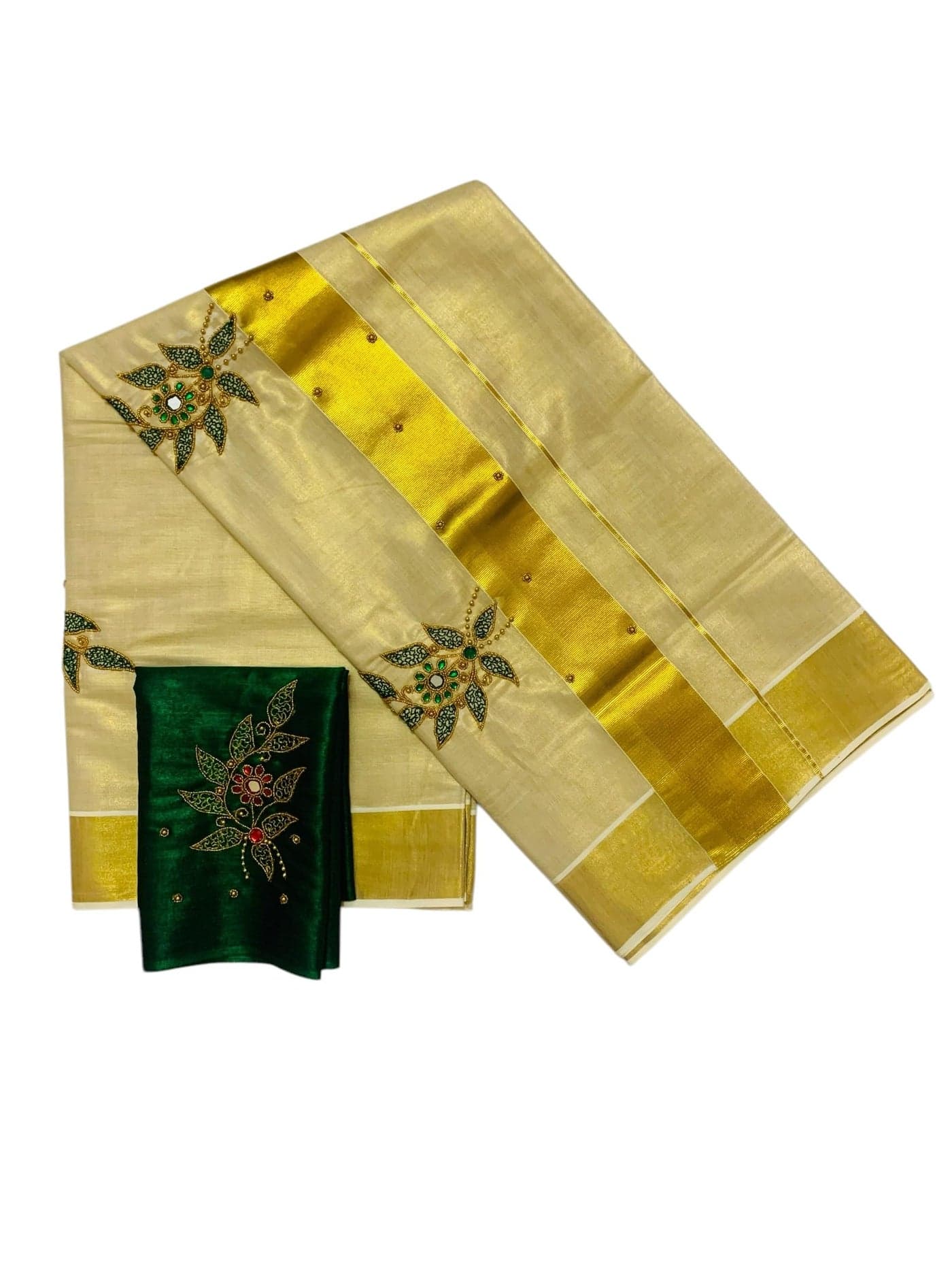 ALLUVY Kuthampully Kerala Kasavu Sarees For Women | Handcrafted Aari work Kerala Sarees | Tissue Onam Saree With Running Blouse | South Indian Sarees | Onam Saree EKM-861 (Dark Green)