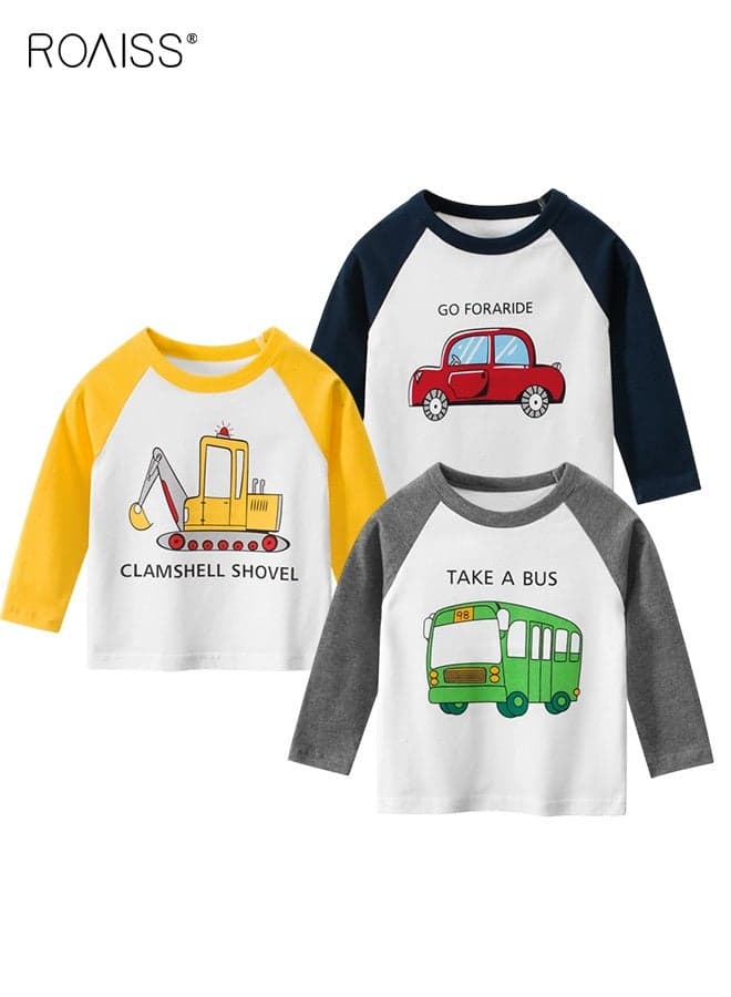 3PCS Kids Long-Sleeve T-Shirt, Soft Comfortable Shirt with Cartoon Pattern, Casual Crewneck Printed T-Shirts for Boys, Suitable for All Occasions