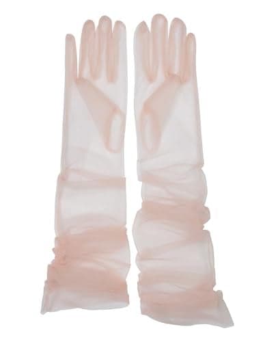 QRBTSCL Women's Wedding Bridal Mesh Tulle Gloves Long Opera Costume Party Glove 27" Elbow Length Sheer Gloves Blush