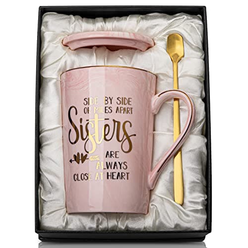 Doublewhale Sister Gifts - Sister Birthday Gifts Christmas Birthday Gift for Soul Sisters, 14Oz Pink Marble Ceramic Gold Print Coffee Mug with Spoon Lid Card, Nice Box