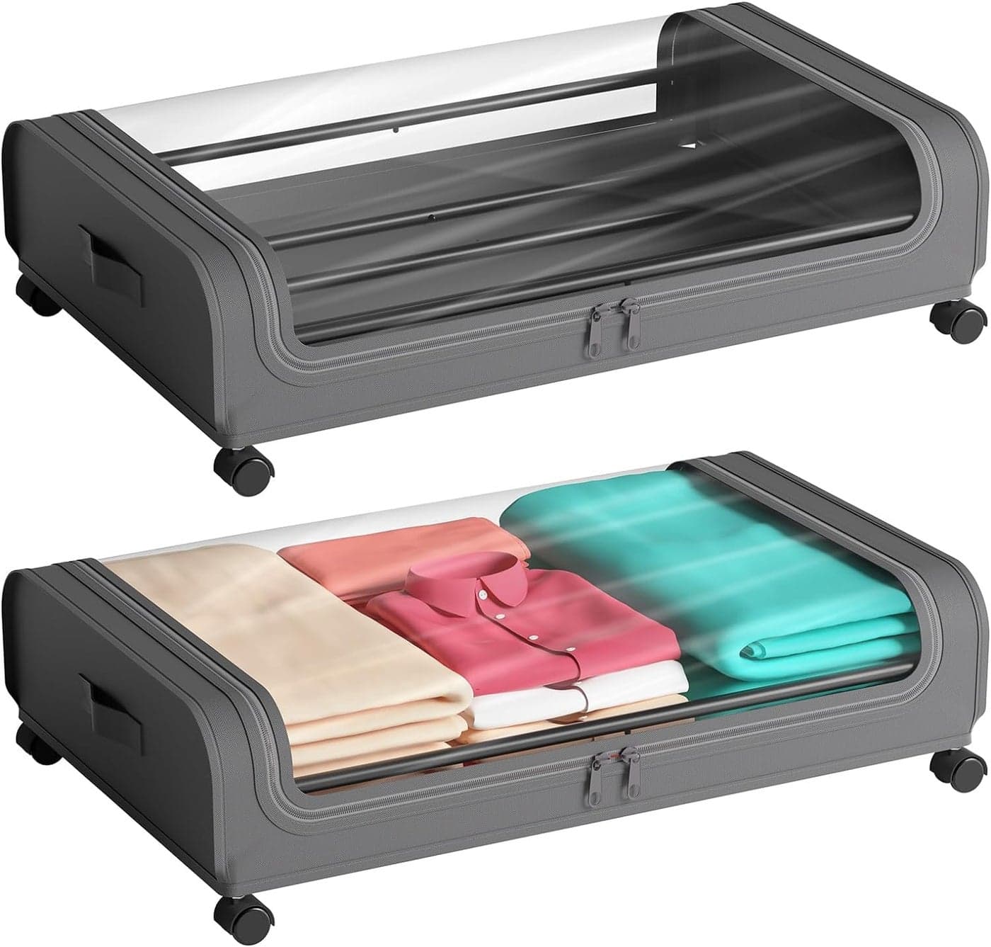 HomeCloud Under Bed Storage Solution | Featuring Wheels, Containers and 6.5 Inch High Rolling Shoe Storage with Lid, Ideal for Small Space Organization and Clothes Storage (Grey, Set of 2)
