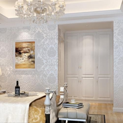 Q QIHANG European Damascus NonWoven Flocking Wallpaper 3D Luxury Living Room TV Background Wall Paper Bedroom Guest Wallpaper NonWoven NonPasted Wallpaper 173 W x 328 L White