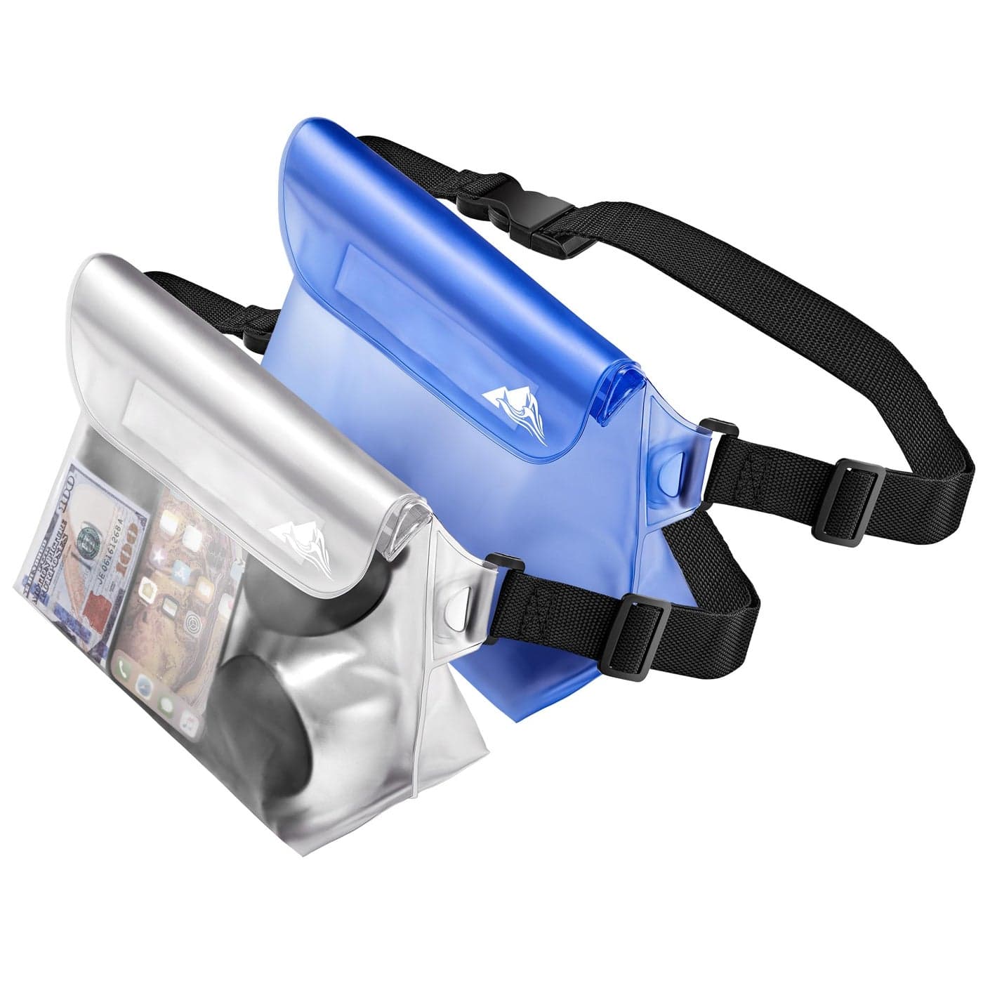 HEETA 2-Pack Waterproof Pouch with Waist Strap, Screen Touchable Dry Bag with Adjustable Belt for Phone Valuables for Kayaking Swimming Snorkeling Boating Fishing Surfing Beach (White & Blue)