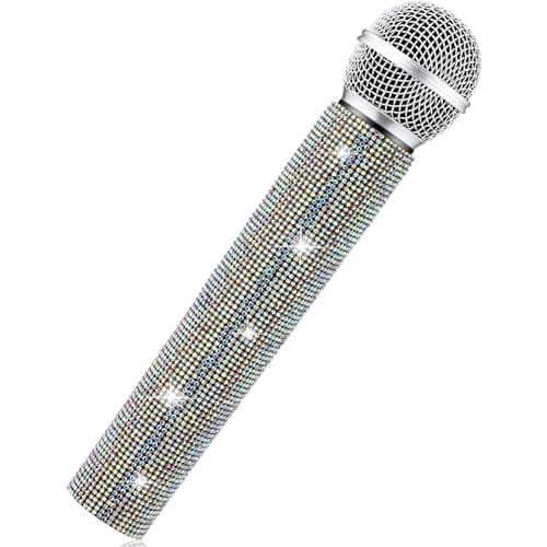 Sanwuta Fake Microphone Prop Sparkly Bling Rhinestones Plastic Play Microphone Pretend Glitter Bedazzled Mic for Cosplay Party CostumeSilver