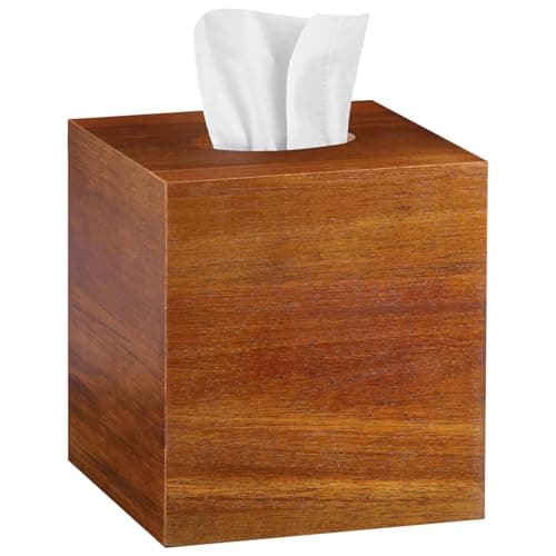 BIBELUN Square Tissue Box Cover, Acacia Wood Tissue Box Holder for Desktop Nightstand Bathroom Office, Decorative Facial Tissue Cube Box Cover/Organizer for Modern Home Decor