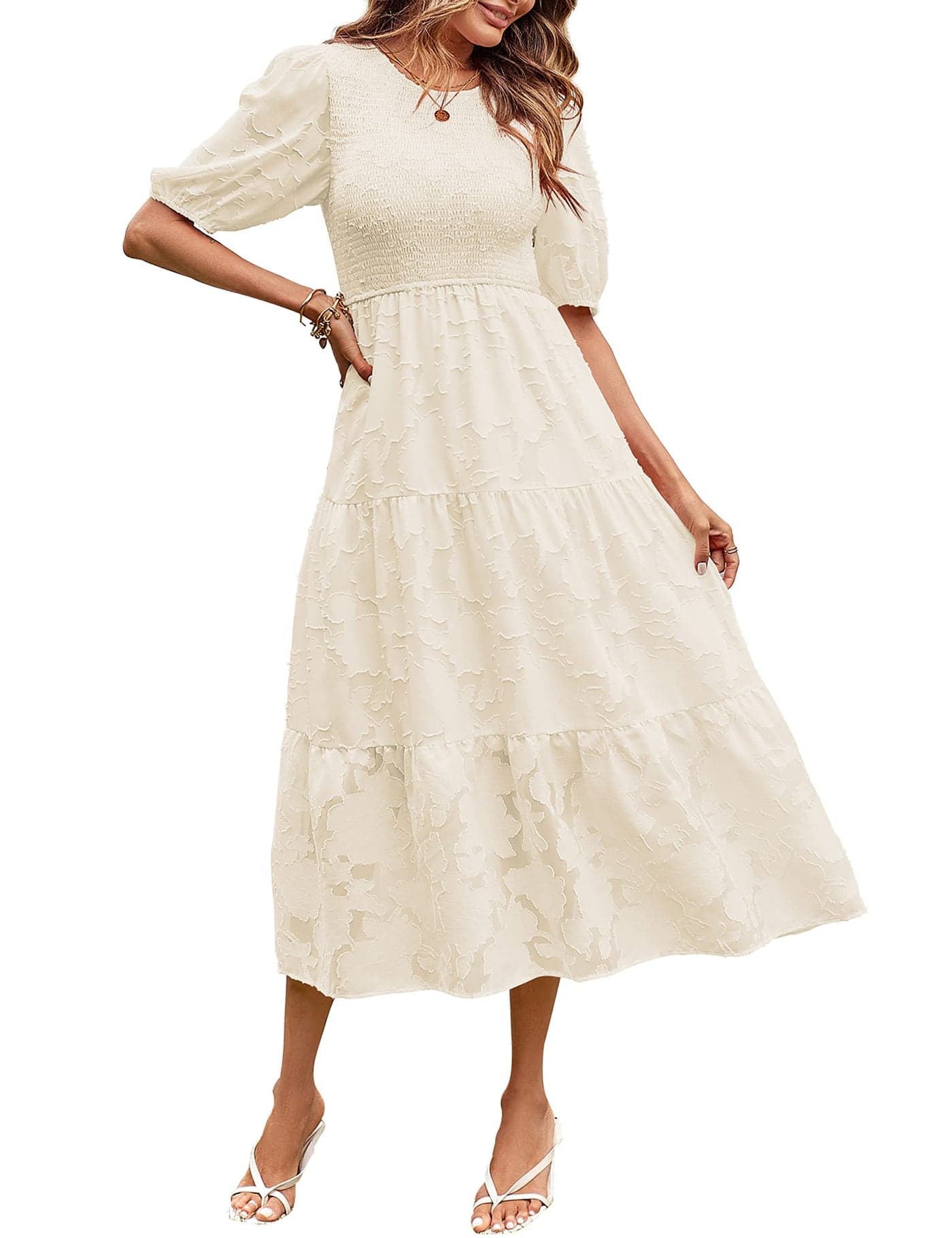 MEROKEETY Women's 2025 Casual Short Sleeve Smocked Dress Round Neck High Waist Ruffle Party Dresses,Beige,L