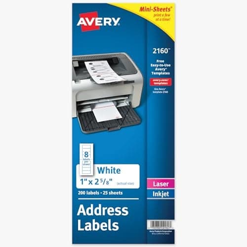 Avery Printable Mini-Sheets Address Labels, 1" x 2-5/8", White, Permanent Adhesive, Laser/Inkjet Compatible, 200 Blank Stickers Total, Great for Printing a Few Labels at a Time (2160)