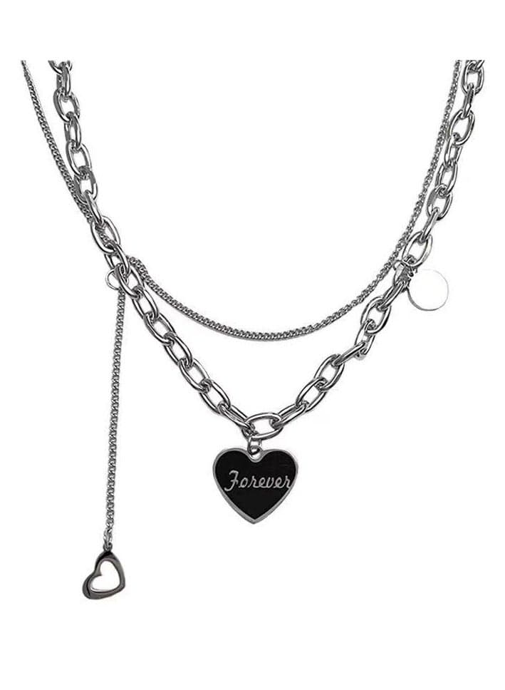 Double-Layer Black Heart Letter Necklace – Minimalist Hip-Hop Collarbone Chain, Indie Cool Streetwear Accessory