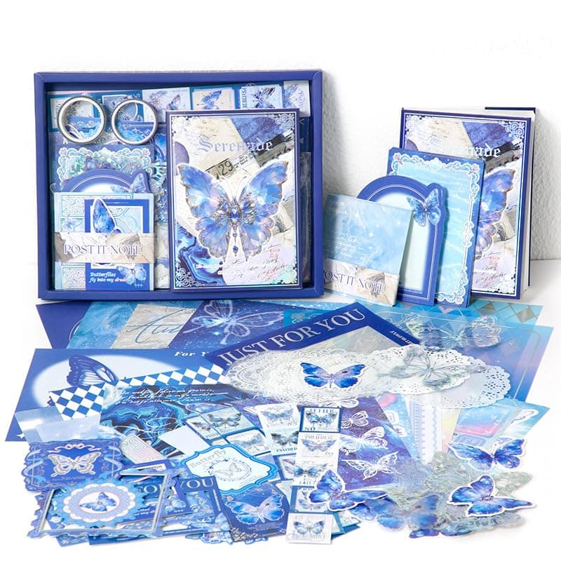 SVULINT Vintage Big Size Aesthetic Scrapbook Kit Scrapbooking Supplies Kit with Bullet Junk JournalStationeryA6 Grid Notebook Journaling Gift Set Blue Butterfly