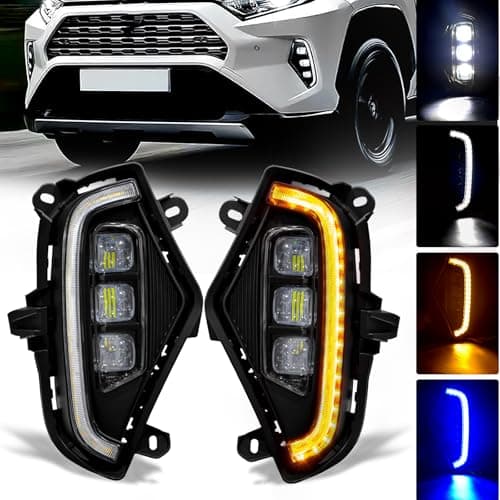 OKSIWA LED Fog Lights with 3 Colors DRL for Toyota Rav4 2019-2024, White LED Daytime Running light, Amber Turn Signal,Blue Lights for Nights, Fog Lamp Assembly kit with Bezel Wiring Harness