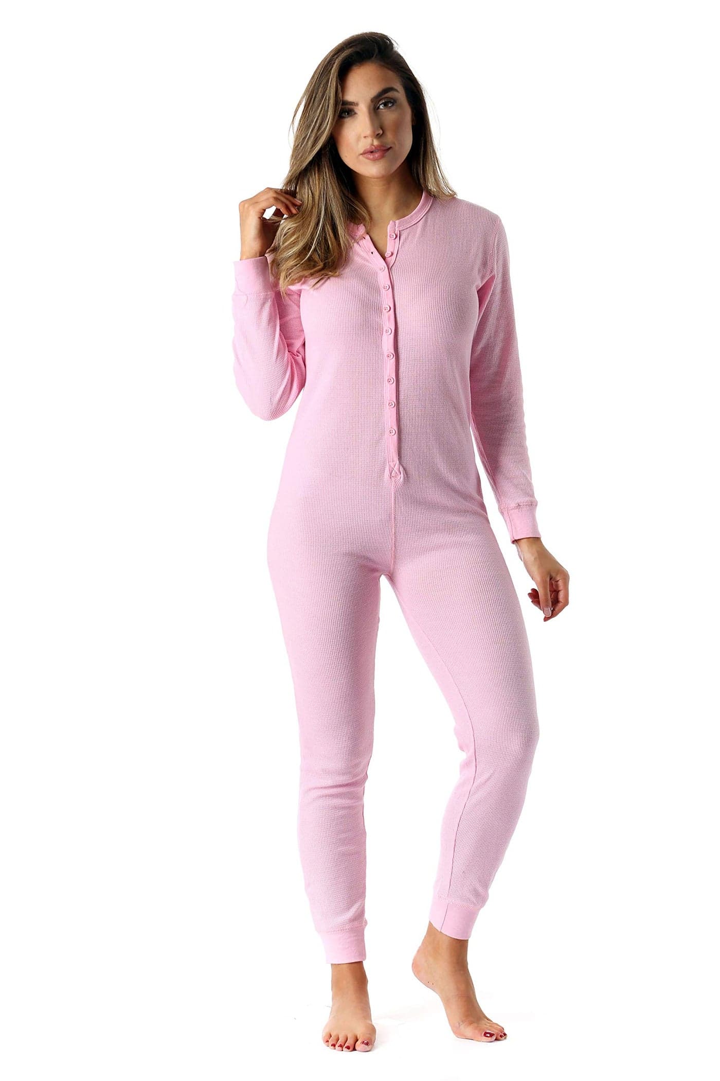 followme Womens Thermal Henley Onesie Union Suit 6743PNKM Pink