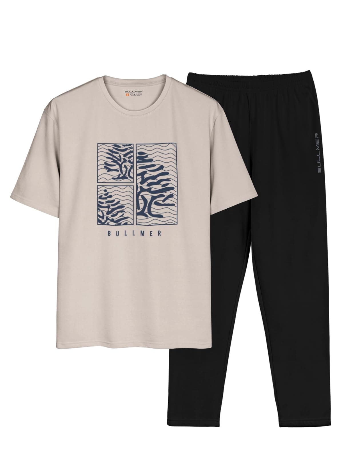 BULLMER Cotton Blend Trendy Printed Clothing Set With Oversized T-Shirt & Pants Co-Ords For Men / Beige1:Black/Large