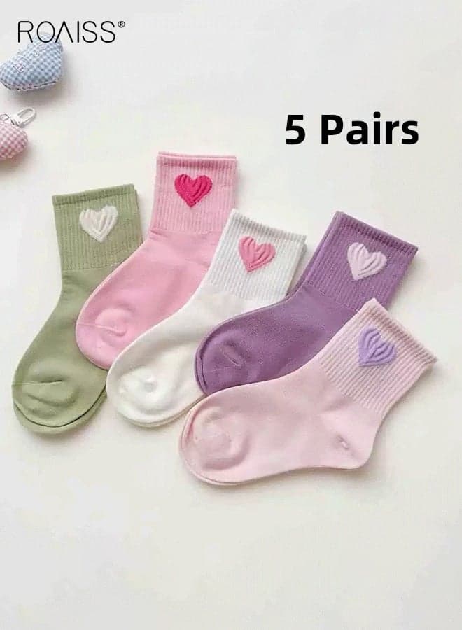 5 Pairs Socks Set for Girls, Mid-Calf Socks with Heart-shaped Pattern, Breathable Comfortable Crew Socks, Middle Tube Socks for Girls, Easy to Match with Clothes