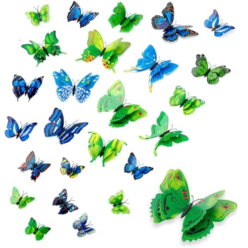 Rumhut 3D Butterfly Decorations Wall Art 24 Pcs Removable Stickers Room Mural for Party Cake Decoration Kids Bedroom Nursery Classroom Wedding Decor Blue Green