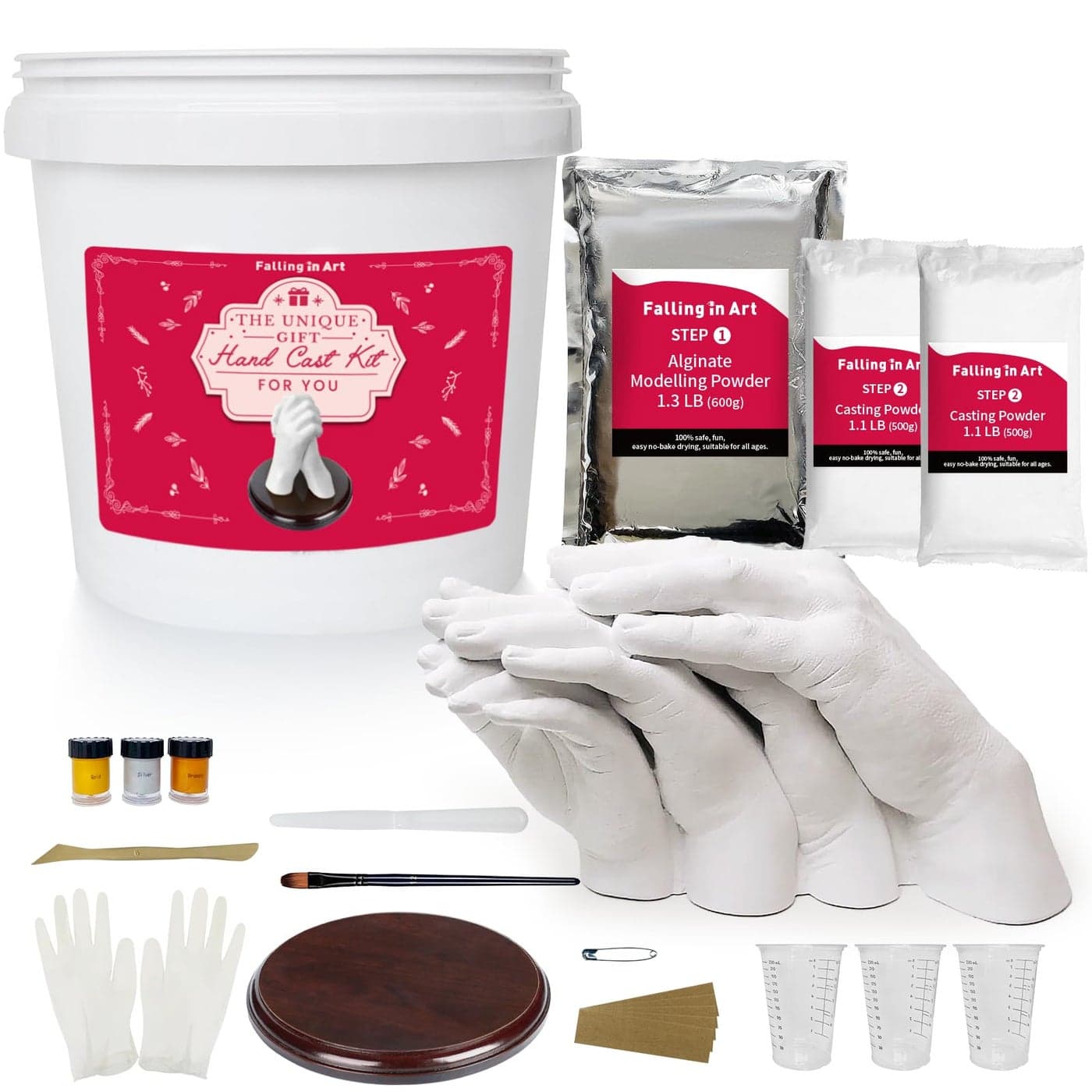 Falling in Art Hand Casting Kit Couples Keepsake Plaster Hand Mold Kit for Family Kids Adults with Large Bucket Gloves Powder Materials Color Paints Wooden Base