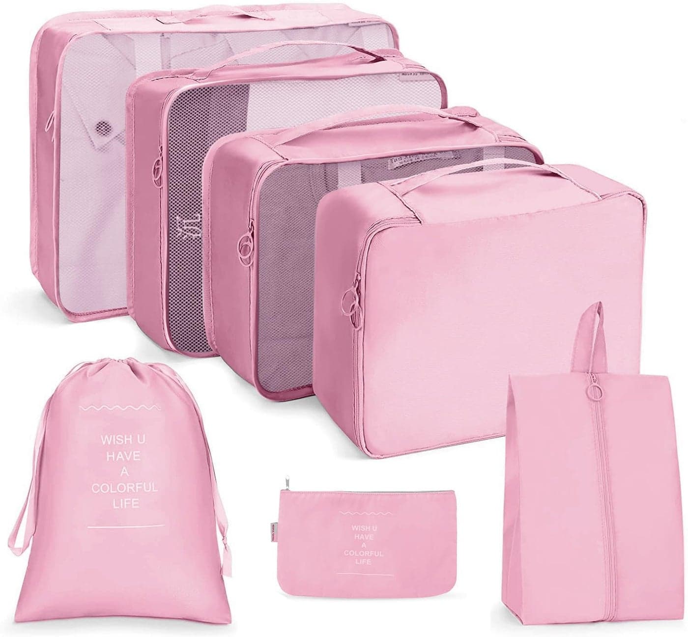SIMESTICH 7 Pcs Foldable Luggage and Laundry Bag Pouch Waterproof Travel Toiletry Organizer Garment Storage Bag Portable Packing Cubes Storage Bag 1 Pc Grey PINK