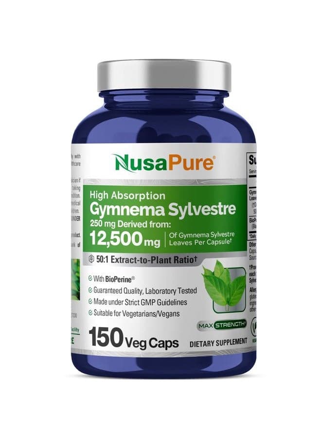 Gymnema Sylvestre 50:1 Extract, 250 mg Equivalent to 12,500mg Per Vegan Caps - 150 Count (Non-GMO, Vegan, Bioperine)