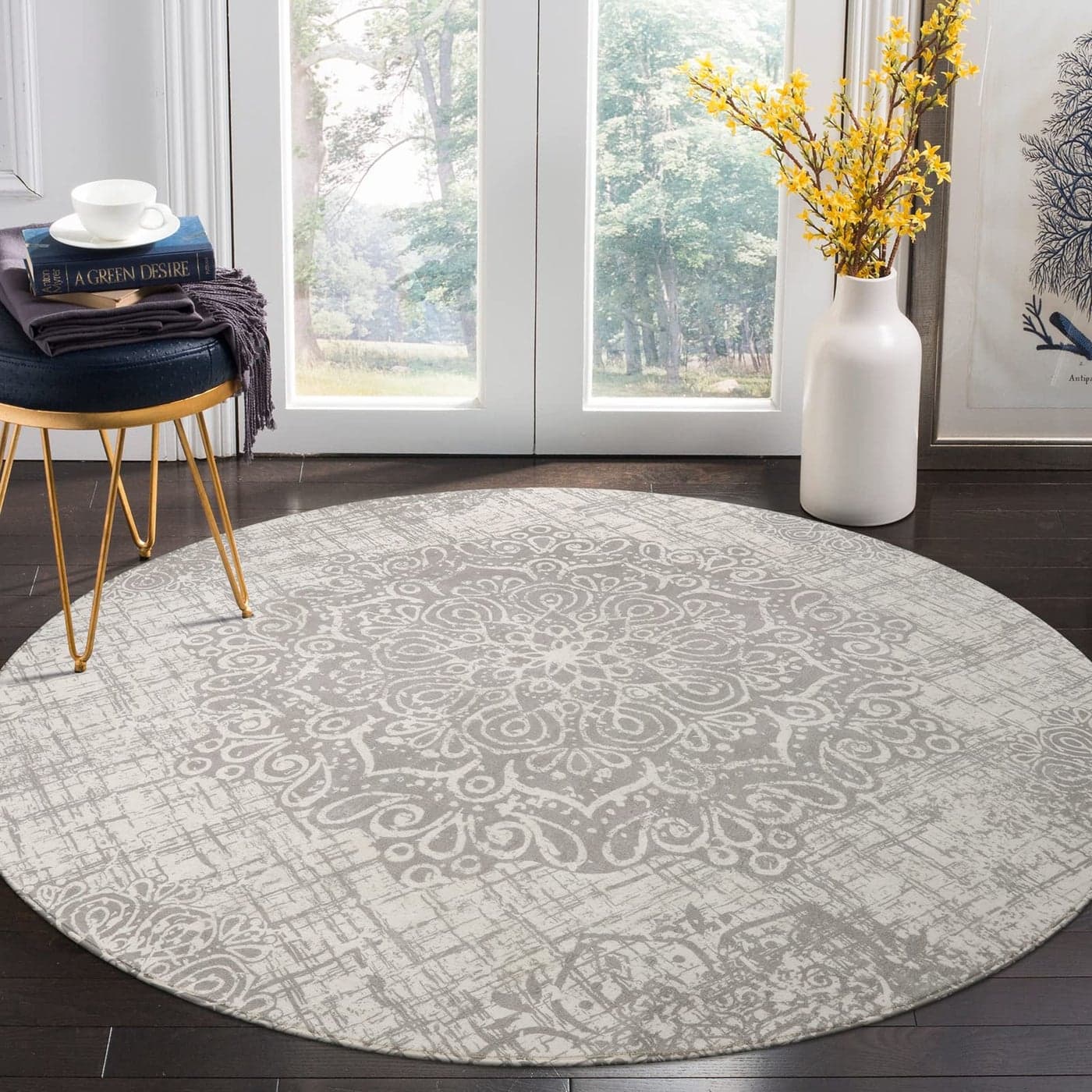 Lahome Medallion Round Rug 5ft Machine Washable Round Bedroom Rugs Grey NonSlip Throw Round Rugs for Living Room Vintage Distressed Circle Dinning Room Rug Large Round Carpet for Kitchen Office