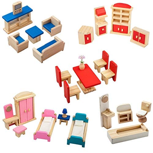 Giragaer Wooden Dollhouse Furniture 5 Set Wood Doll House Miniature BathroomLiving RoomDining RoomBedroomKitchen House Furniture Doll Decoration Accessories Pretend Play Kids Toy Colorful