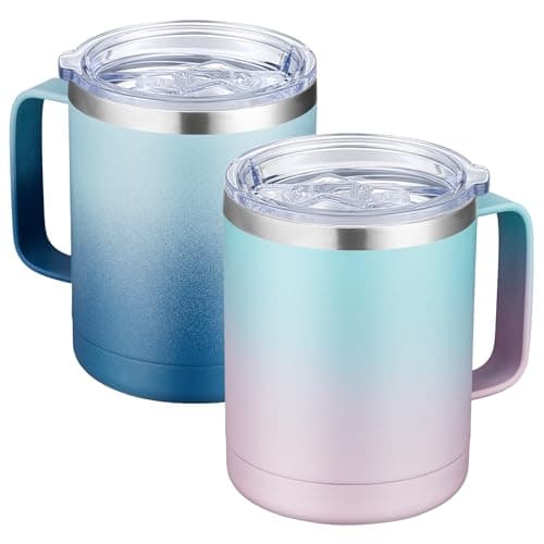 MEWAY 12oz Coffee Mug With Handle 2 Pack Bulk,Stainless Steel Insulated Travel Tumblers With Sliding Lid,Double Wall Vacuum Camping Cup for Hot & Cold Drinks Tea (Bubble Gum&Blue Waves,Set of 2)