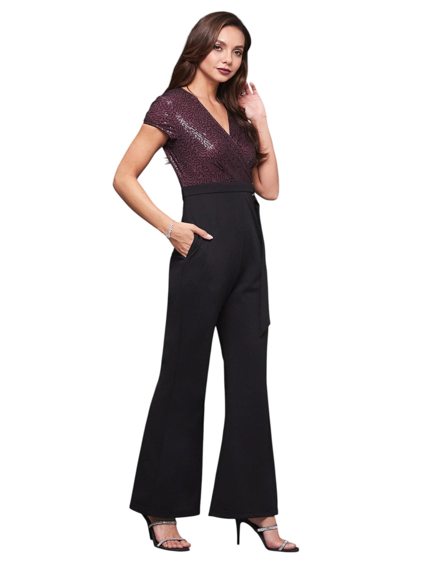 Miss Chase Women's V-Neck Short Sleeve Embellished Wrap Jumpsuit (MCSS25D91-83-381-04, Midnight Black, M)