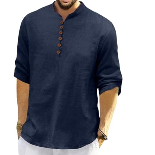 ROYALSCOUT Men's Cotton Polyester Blend Solid Regular Fit Full Sleeve Short Kurta Navy