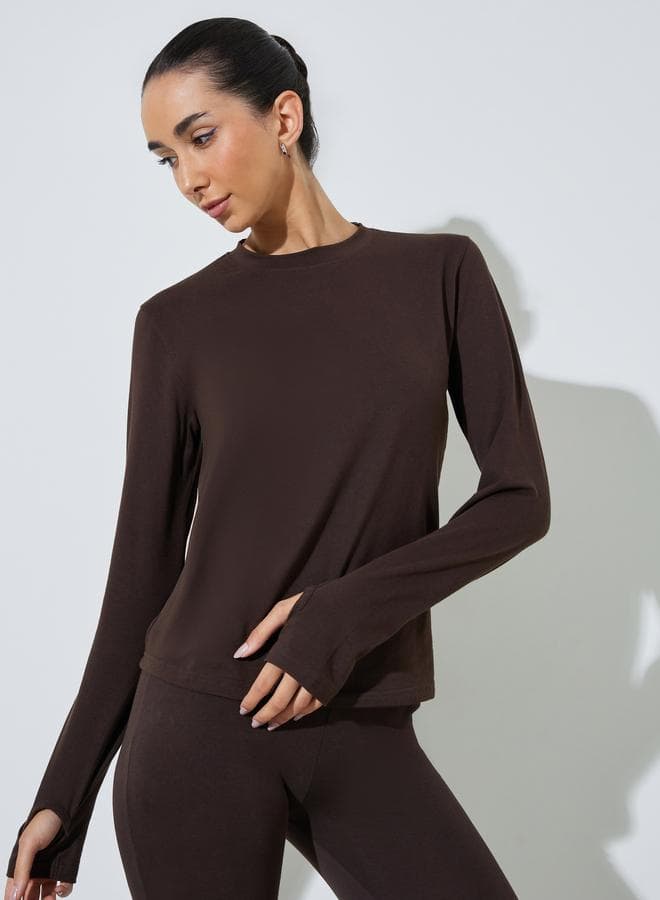 Brown Cotton Lycra T-Shirt with Thumbhole Sleeve