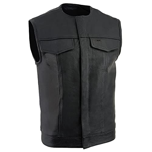 Milwaukee Leather LKM3721 Men's Black Leather Collarless Club Style Motorcycle Rider Vest w/Concealed Snap Closure - 6X-Large