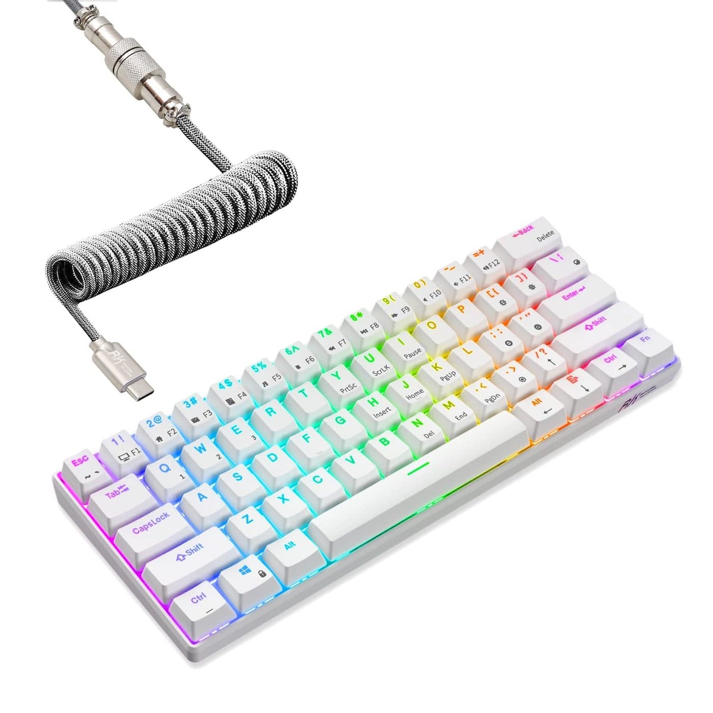 RK ROYAL KLUDGE RK61 60% Mechanical Keyboard with Coiled Cable, 2.4Ghz/Bluetooth/Wired, Bluetooth 61 Keys, Wireless RGB Hot Swappable Brown Switch Gaming Mini Keyboard with Software - White