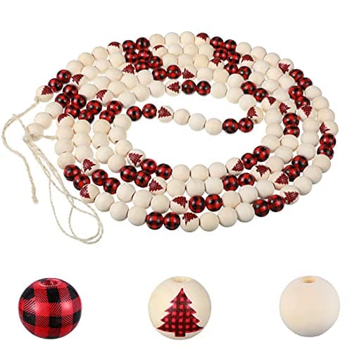 98 Feet Christmas Wood Beads Garland for Christmas Tree Decoration Buffalo Plaid Wood Beaded Garland Boho Ornaments Wall Hanging Decor for Rustic Farmhouse IndoorRed and Black