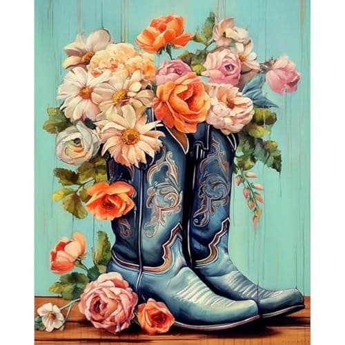 Yezavesu Cowboy Boots Paint by Numbers Kit for Adults Beginner Flower Adult Paint by Number Kits on Canvas Without Frame DIY Acrylic Painting by Numbers for Home Wall Decor Gift 16x20 Inch
