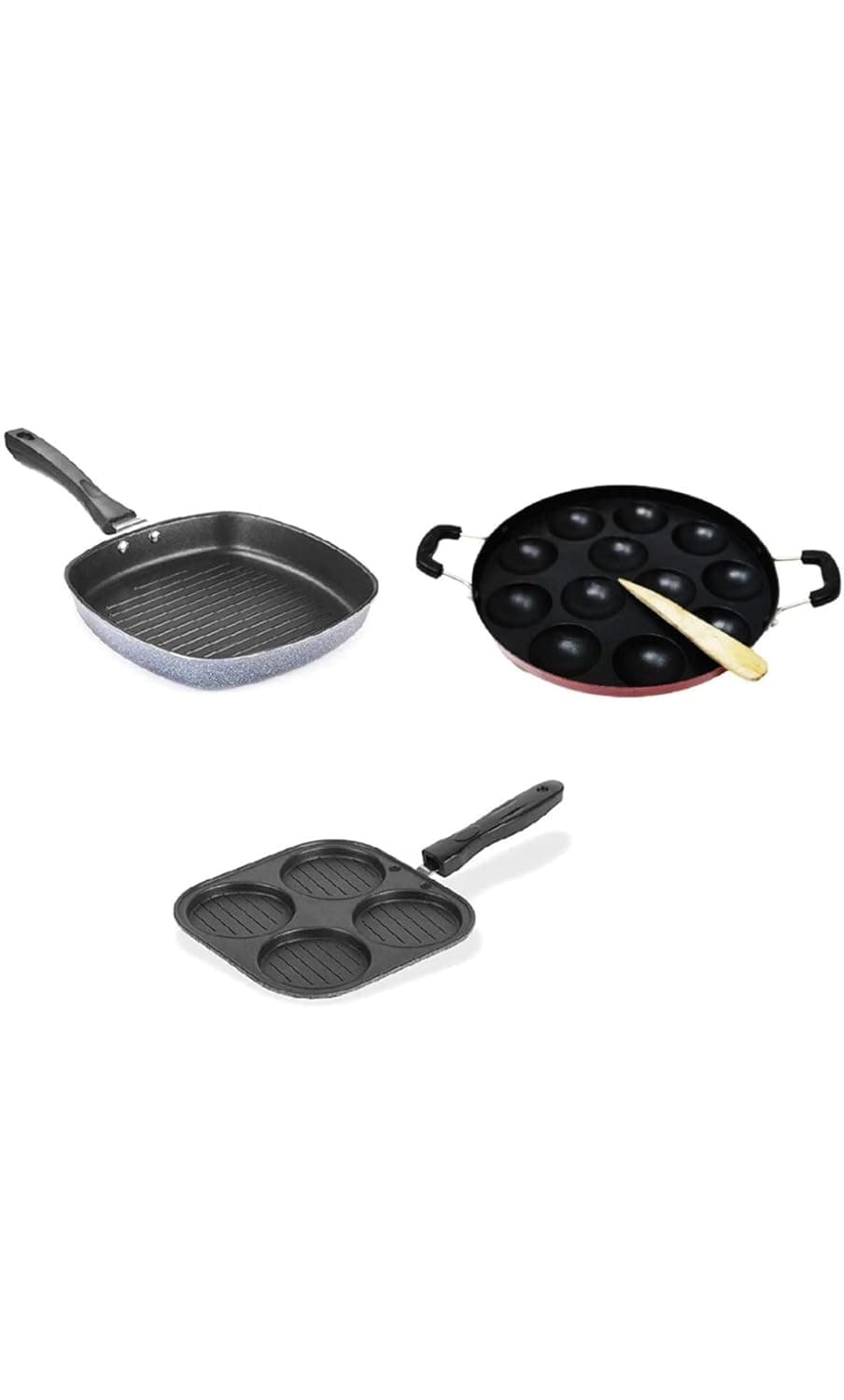 Precious Homeware Combo 3 pcs Set Grill Pan Mini Uttapam Appam12 with SS Lid 600gm Grey